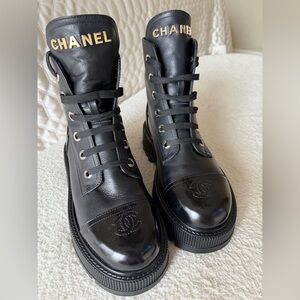 CHANEL Black Lace-Up Leather Boots